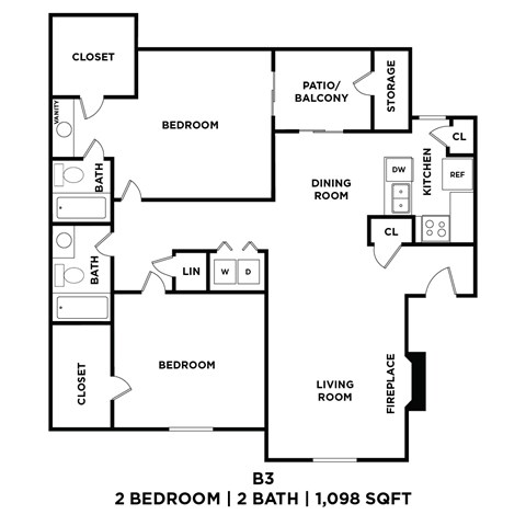 A black and white image of a floor plan for a 2 bedroom, 2 bathroom apartment.